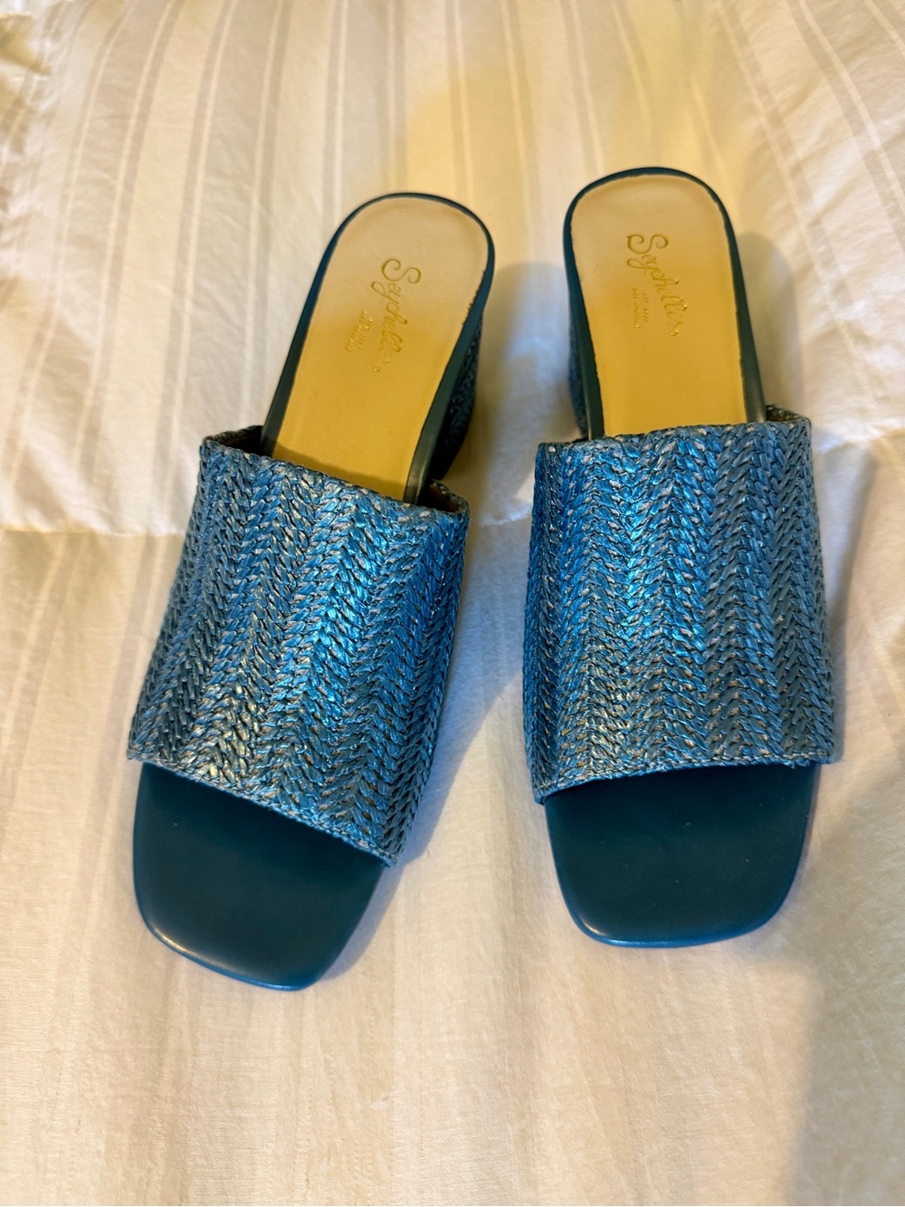 Seychelles raffia Teal Blue Woven Slide Heels for Women